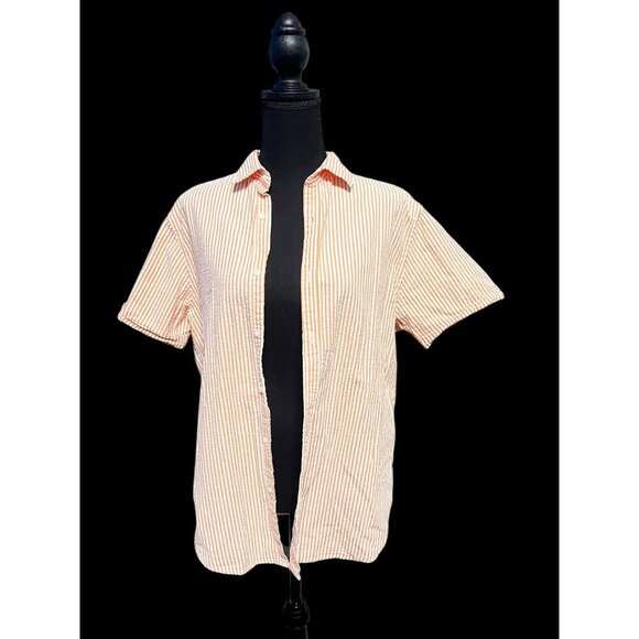 Denim & Flower Striped Seersucker Short Sleeve Button-Up Shirt Orange/White, BEA - Picture 1 of 7
